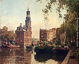 The Flowermarket On The Singel, Amsterdam, With The Munttoren Beyond by Cornelis Vreedenburgh